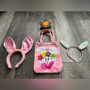 4-piece Pink Bunny Tote Bag with 2 Easter headbands and mini basket